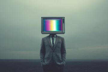 man with television head in suit standing against misty background with vintage style and surreal atmosphere