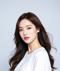 Asian beauty with long flowing hair, dressed in white casting, suitable for makeup and skincare poster modeling