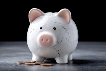 Cracked Piggy Bank with Scattered Coins Symbolizing Financial Crisis and Bankruptcy