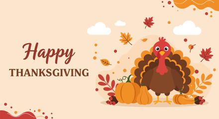 Happy Thanksgiving banner with a funny turkey vector illustration, and pumpkin