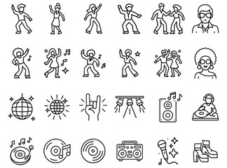 Groovy night fever retro icons set vector illustration featuring music speakers dancing disco balls turntables and party