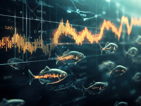 Fish swim in front of stock market graphs, representing financial data and market trends.
