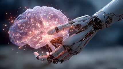 Futuristic humanoid robot hand holding glowing transparent brain with floating digital particles in dark blue and purple cyberpunk color scheme, symbolic AI ethics concept with ample negative space.