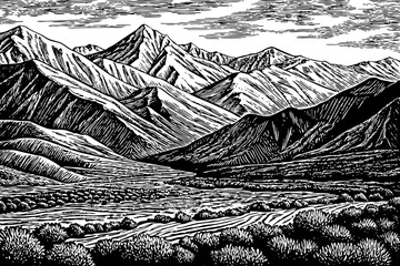 Fototapeta premium The Andes mountain range with overlapping ridges across South America, depicted in expansive black and white line art illustration for geography maps, nature scenes, or travel posters