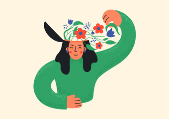 Woman planting flowers in her head. Selfdevelopment, creativity, selfeducation concept.