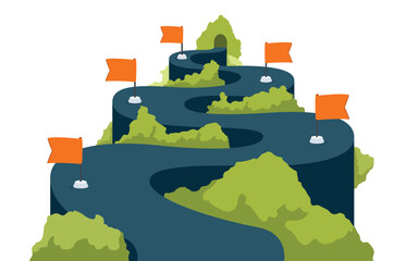Road winding infographic 6 option to success. Road trip, winding road concept.