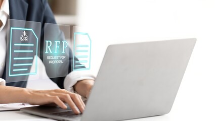 A person using laptop with RFP, Request for Proposal Business Concept.