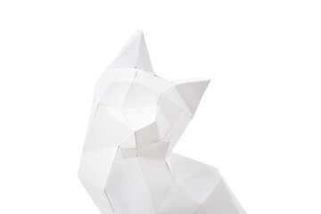 Isolated Origami cat head. Close up of white kitty cat made of folded paper sitting and looking at...