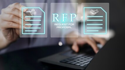 A person using laptop with RFP, Request for Proposal Business Concept.