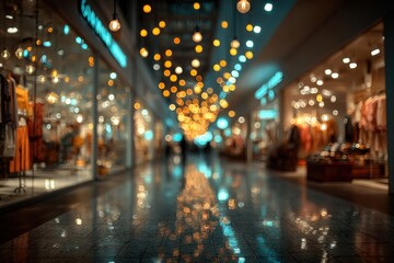 Blurred view of a shopping mall with bright lights above
