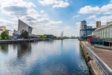 A view along the Manchester ship canal towards Media City,  Manchester,UK in summertime