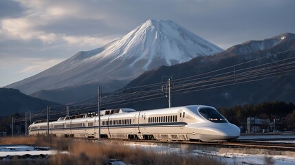Japanese bullet train with Mount Fuji at sunset, a modern symbol of travel
