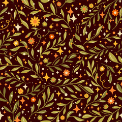 Floral Twigs and Stars Seamless Pattern