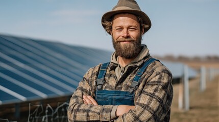 Fototapeta premium A portrait of a male farmer in overalls, standing proudly beside his tractor in a solar farm, with solar panels stretching across the horizon.
