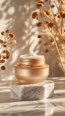 Obraz premium Skin care product on a granite plinth, surrounded by dried flowers with soft diffused lighting.