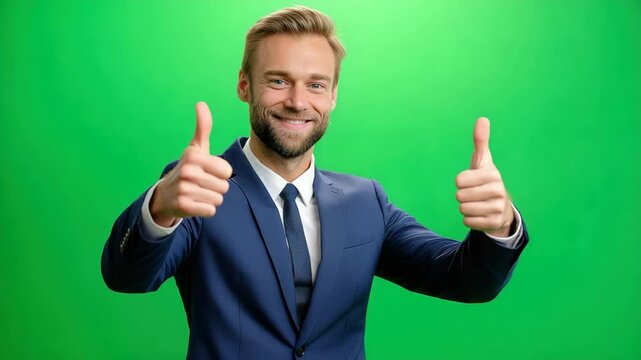Smiling man blue suit giving double thumbs up, confident and positive expression, standing against vibrant green background, business professional, cheerful mood, confident businessman blue suit