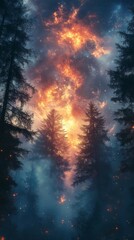 Dramatic Sky Over Dark Forest with Glowing Lights