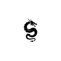 Black dragon silhouette in minimalist vector style, side view. Traditional sian symbol for good fortune, power and prosperity. Mythical creatures concept