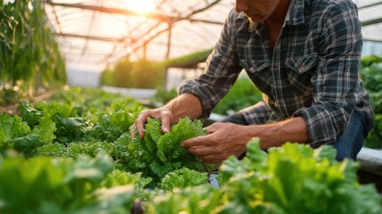 Adult gardener working in a vegetable garden, flipping a switch on a control panel to manage crops and ensure sustainable business practices.