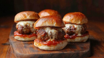 Close-up of delicious Italian meatball sliders on a wooden board.