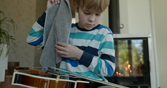 Caucasian Kid Play Mandolin at Home. European Boy Practice Music 4K 10-bit