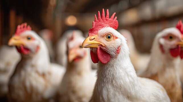 Chicken farm utilizing artificial intelligence to monitor flock health, with AI-powered systems tracking chickens and optimizing feeding processes.