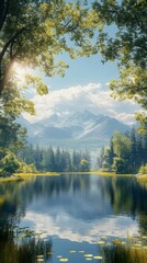 Fototapeta premium Reflecting Mountain Lake Surrounded by Forest Scenery