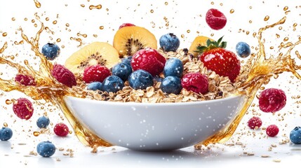Bowl of healthy breakfast cereal with fruit and juice splashing.