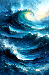 Sunlit Celestial Ocean Waves in Abstract Light, Dreamlike Flow of a Cosmic Sea -Generative AI
