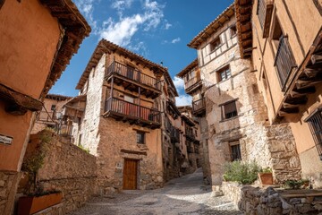 Old, European village street view. Stone houses and timbered buildings under cloudy sky