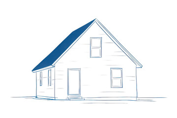 Fototapeta premium Blue outline drawing of a small house with a door and several windows