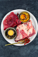 Raw meat mix, assortment of meat.