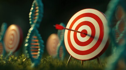 ESG target goal concept, with a bullseye focused on environmental, social, and governance priorities, and standard DNA strands in the background symbolizing sustainable growth.