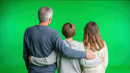 Family togetherness and support, unity of older man, boy, and girl, children with arms around each other, back view, green background, expressing family love, child unity, children support