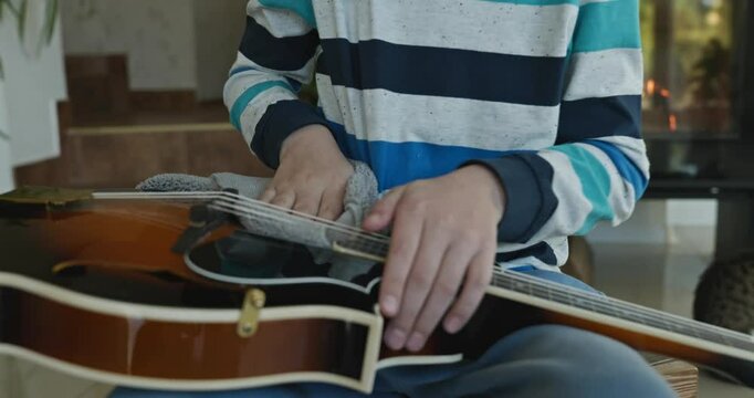 Caucasian Kid Play Mandolin at Home. European Boy Practice Music 4K 10-bit