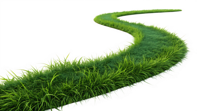 A winding green grass path isolated on transparent background 