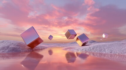 Naklejka premium Reflective metallic cubes floating over a pink water surface at sunset