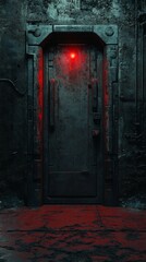 Dark Metal Door with Glowing Red Light in Grunge Wall Setting