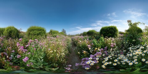Obraz premium Vibrant flower garden 360 degrees hdr panorama nature landscape sunny day viewpoint