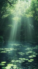Obraz premium Rays of Light Shining Through Forest Canopy Onto Calm Pond