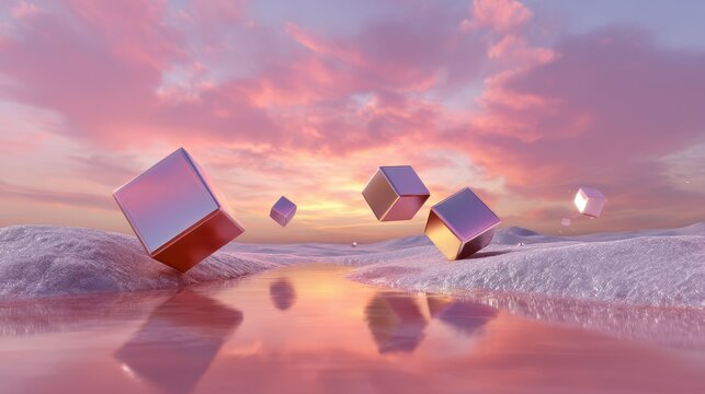 Reflective metallic cubes floating over a pink water surface at sunset