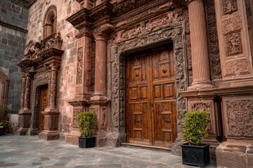 Ornate church facade with carved stone detail & weathered wooden doors