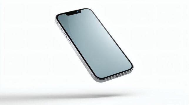 A sleek, modern smartphone levitates, showcasing its blank screen against a stark white backdrop.