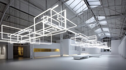 Modern interior design with geometric lighting installation in minimalist space