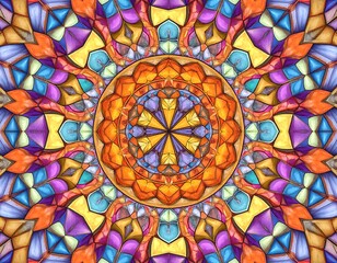 Vibrant, symmetrical, stained glass mandala