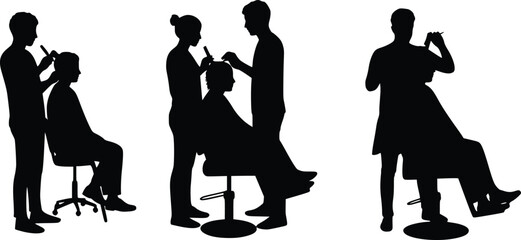 Silhouette of hair salon activities showing hair cutting, styling, and confident client

