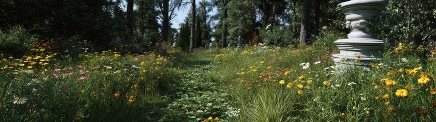 Fototapeta premium Panoramic 360 degrees view of lush floral pathway in nature hdr landscape imagery