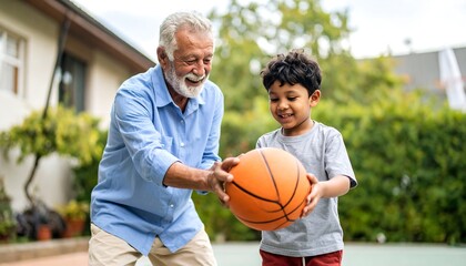 Naklejka premium Grandson and grandfather playing basketball