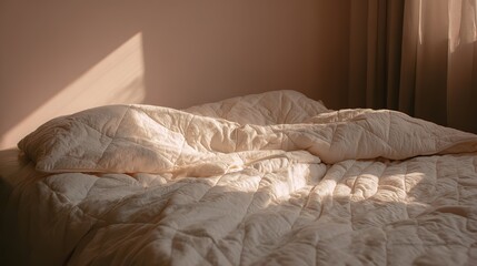 The sunny apartment bedroom is furnished with a clean white duvet cover that showcases a refreshing texture and subtle pattern to create a peaceful, warm sleeping environment.