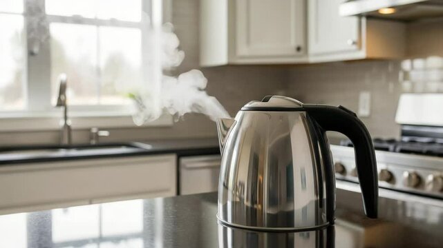 Steam rising from a boiling kettle in a modern kitchen. Perfect for morning scenes or home comfort. Suitable for food and drink preparation themes.